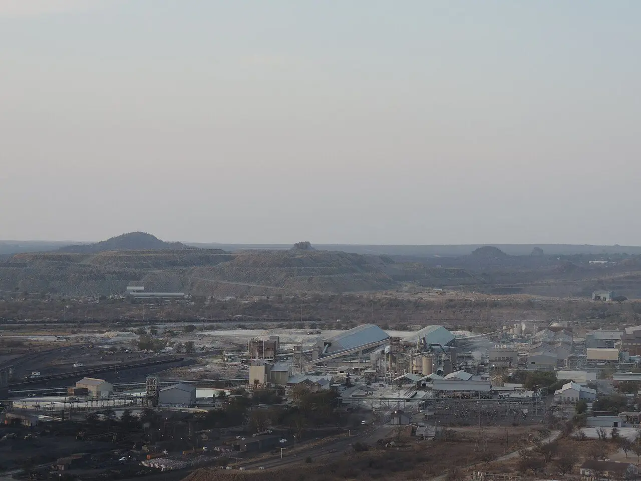 Some buildings at the Palabora Mine, South Africa, as seen from a viewpoint nearby.
